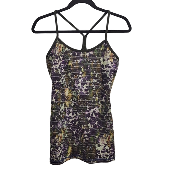 Lululemon Power Y Tank Top Floral Sport Gator Green Size 6 Built in Bra Shirt - Picture 2 of 8